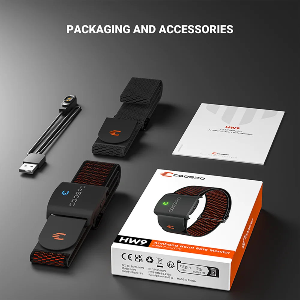 COOSPO HW9 HRM Sensor Armband Heart Rate Monitor with HR Zones/Calories for Fitness Running BLE5.0 ANT+ for Peloton,Zwift,Wahoo