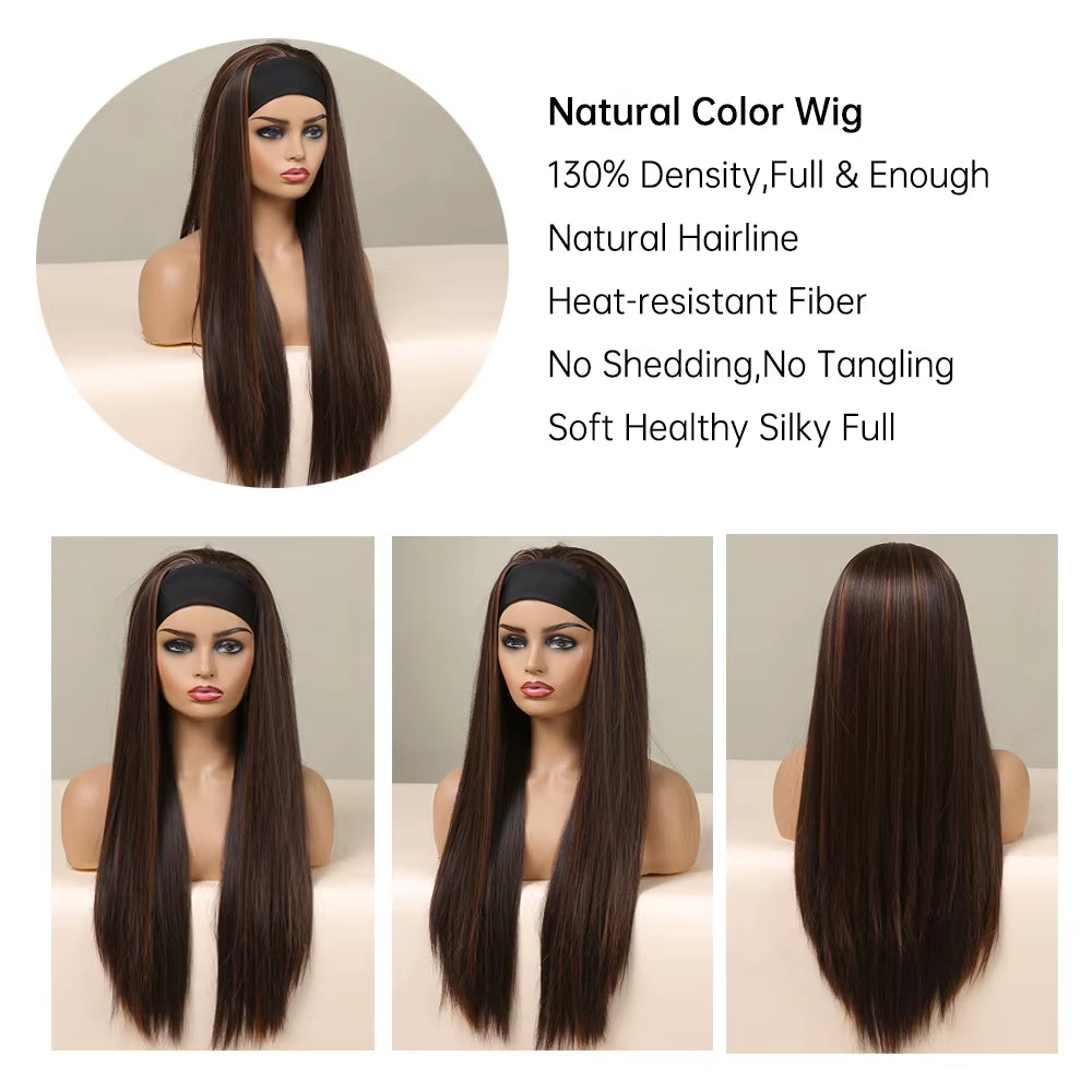 Chocolate Brown Mixed Golden Blonde Long Straight Synthetic Women'S Headband Wigs Bohemian Hair for Black Women Fake Hair