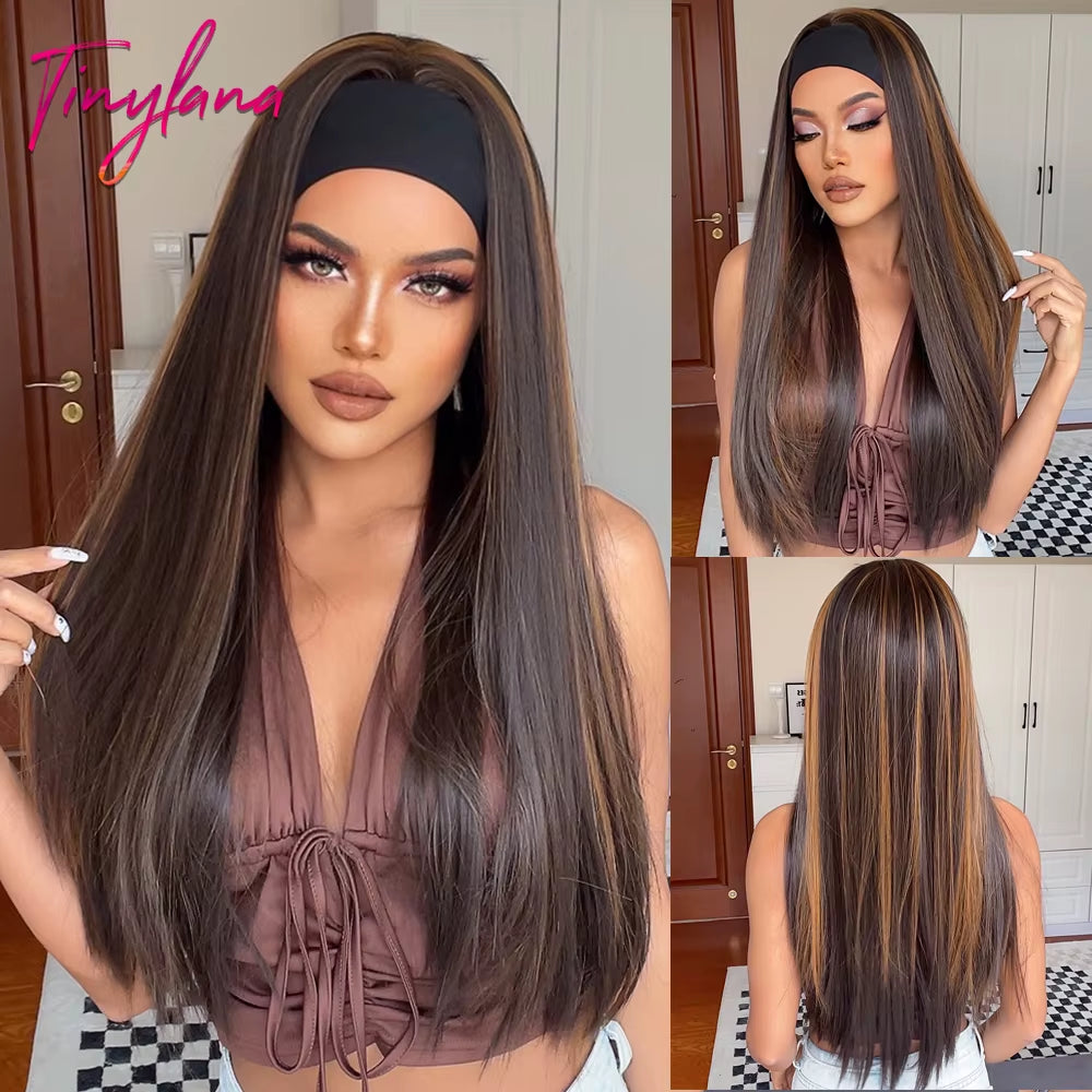 Chocolate Brown Mixed Golden Blonde Long Straight Synthetic Women'S Headband Wigs Bohemian Hair for Black Women Fake Hair