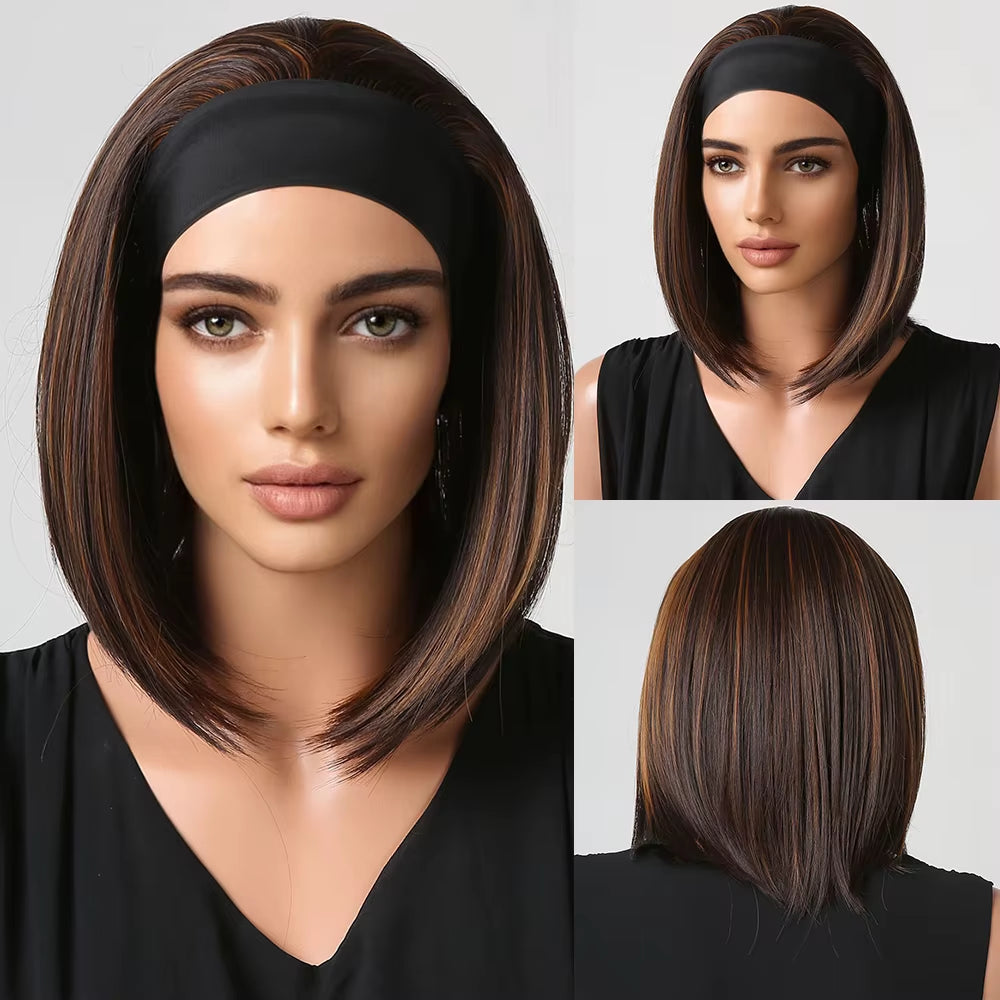 Chocolate Brown Mixed Golden Blonde Long Straight Synthetic Women'S Headband Wigs Bohemian Hair for Black Women Fake Hair
