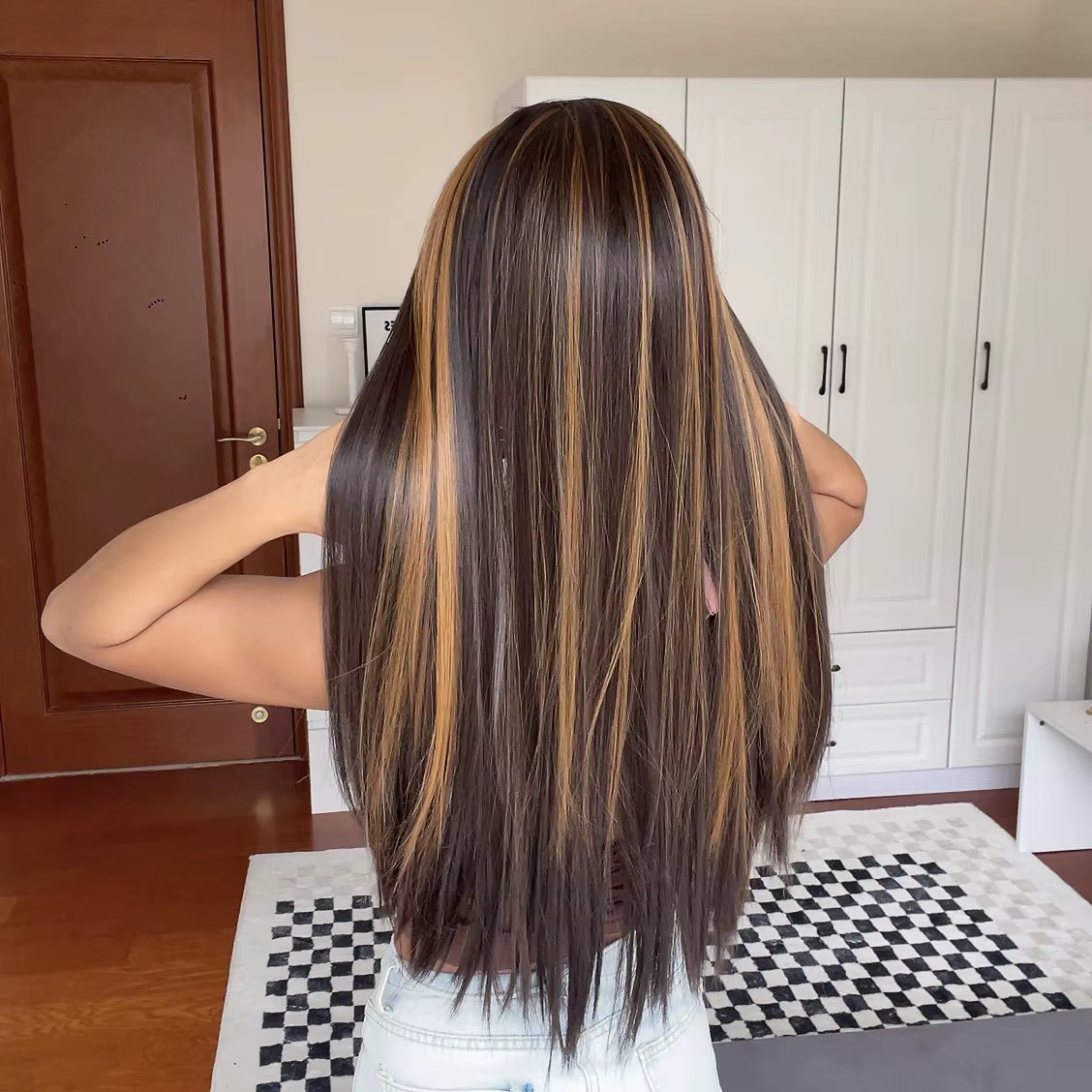 Chocolate Brown Mixed Golden Blonde Long Straight Synthetic Women'S Headband Wigs Bohemian Hair for Black Women Fake Hair