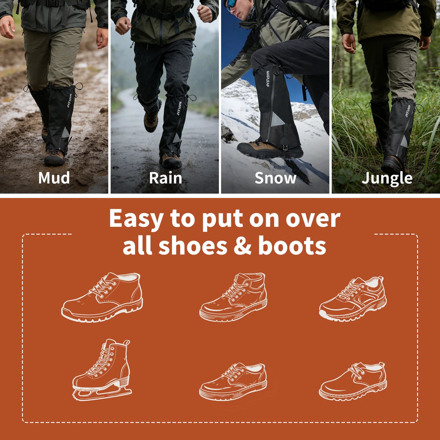 MAPLEAF Trekking Leg Gaiters Lightweight Waterproof Leg Guards Outdoor Hunting Fishing Boot Gaiters Hiking Snow Leg Gaiters