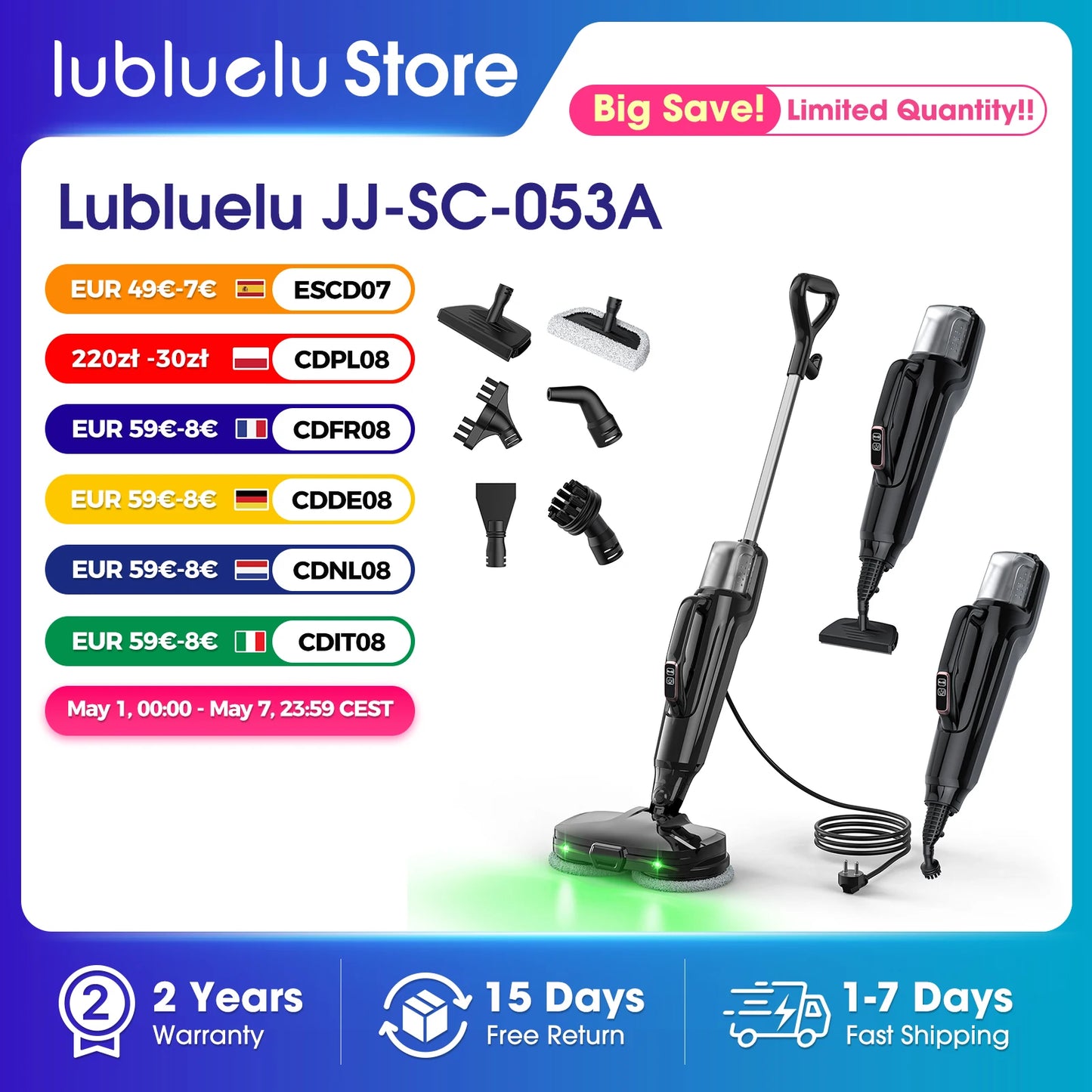 Lubluelu 1380W Steam Mop – Detachable Wireless Floor Steamer & Sanitizer