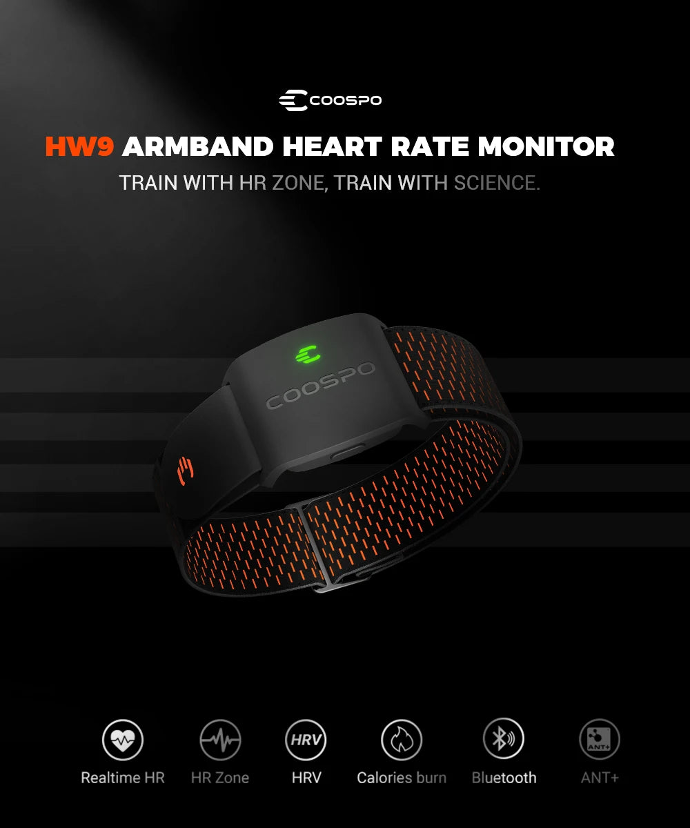 COOSPO HW9 HRM Sensor Armband Heart Rate Monitor with HR Zones/Calories for Fitness Running BLE5.0 ANT+ for Peloton,Zwift,Wahoo
