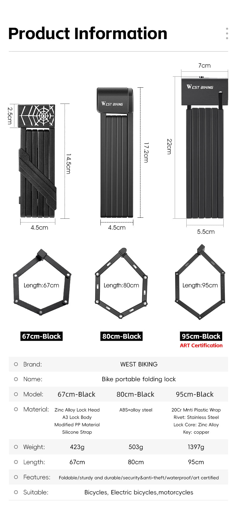 WEST BIKING Foldable Bike Lock Key Strong Security Anti-theft Bicycle Password Lock Heavy Chain Cable Padlock Motorcycle Lock