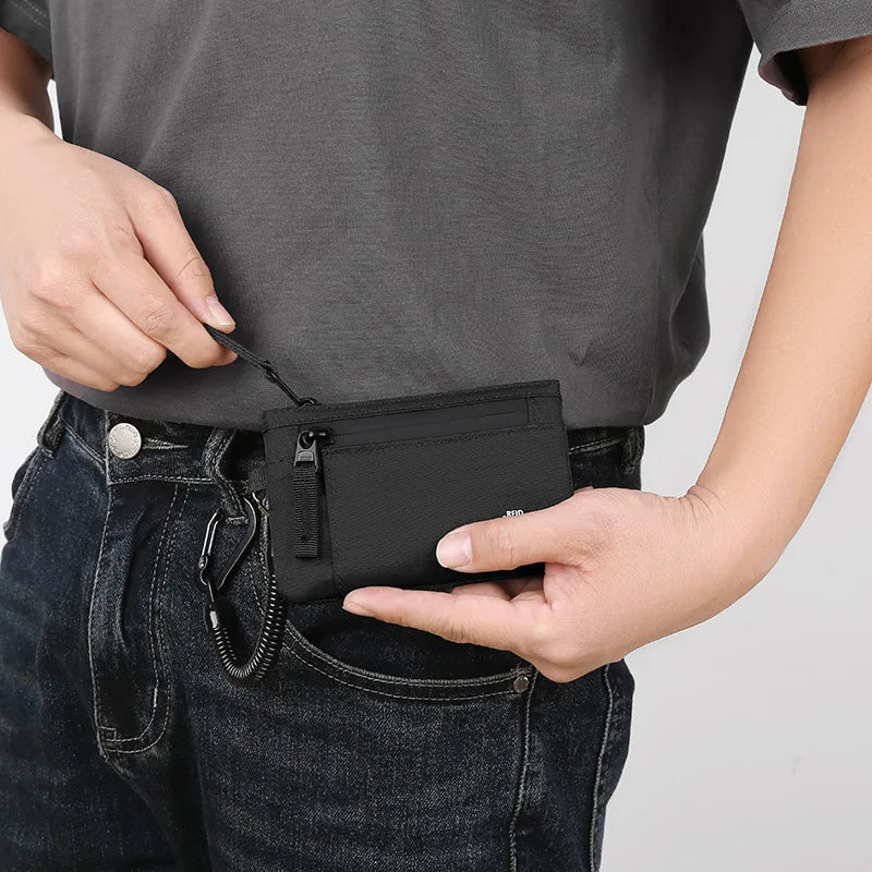 RFID Blocking Slim Nylon Wallet with Carabiner – Men's Tactical Coin Purse & Card Holder