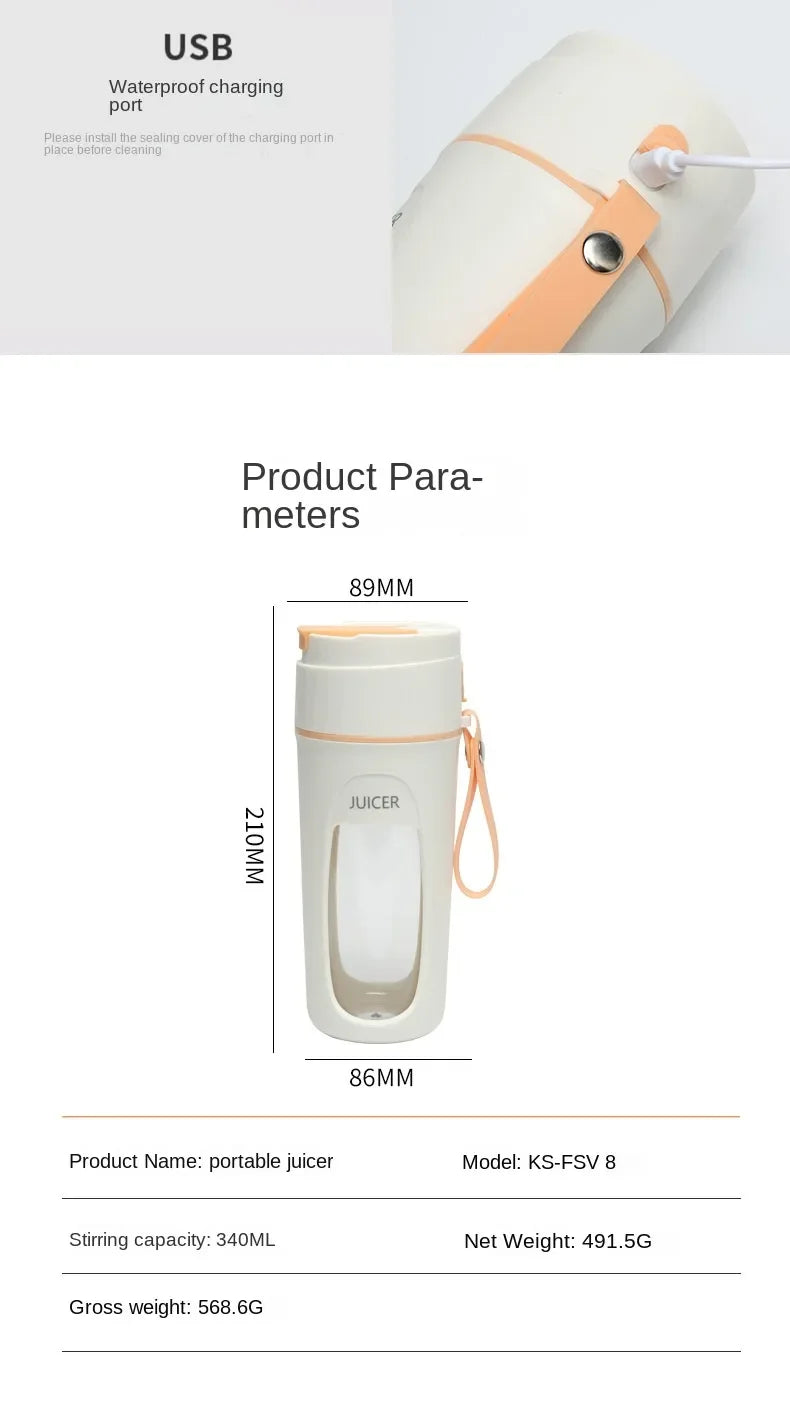 Portable Mini Electric Juicer Blender – 8-Blade 3000mAh USB Rechargeable Smoothie Maker