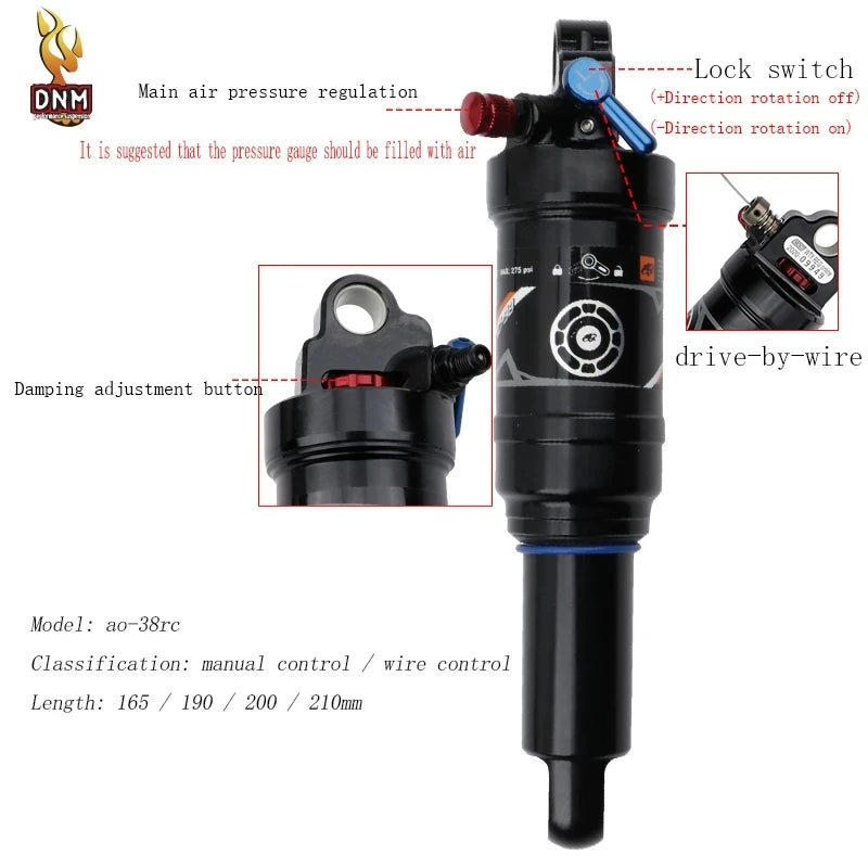 DNM AO38RC Soft Tail Mountain Bike Rear Air Shock Absorber Wire-controlled Lockable Rebound 165 190/200mm Bcycle Shock Absorber