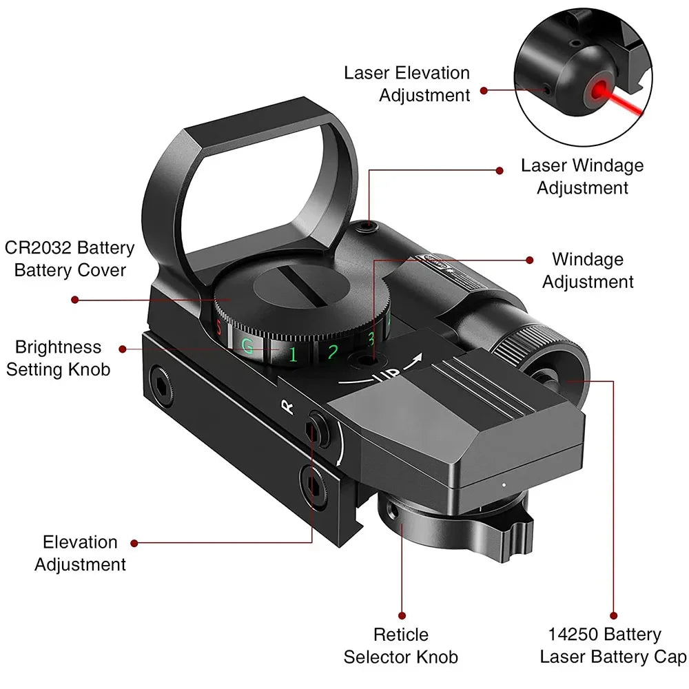 Tactical Red & Green Dot Reflex Sight – 4 Reticle Hunting Optics for 20mm Rail