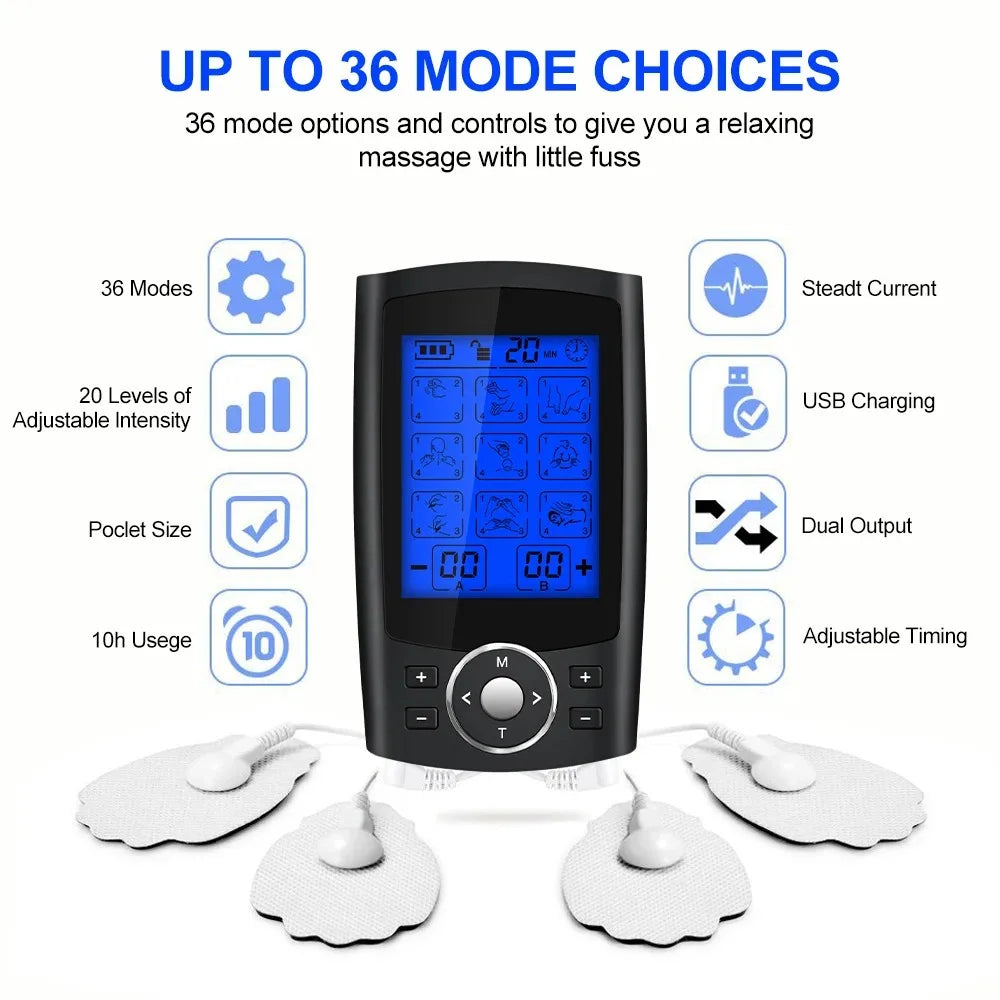 36-Mode Electric Pulse Muscle Stimulator – Acupuncture Massage Device for Back Pain Relief