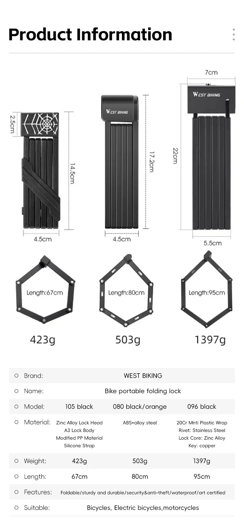 WEST BIKING Foldable Bike Lock Portable Anti-Theft Security Folding Padlock for MTB Road Bike E-bike Scooter Bicycle Accessories