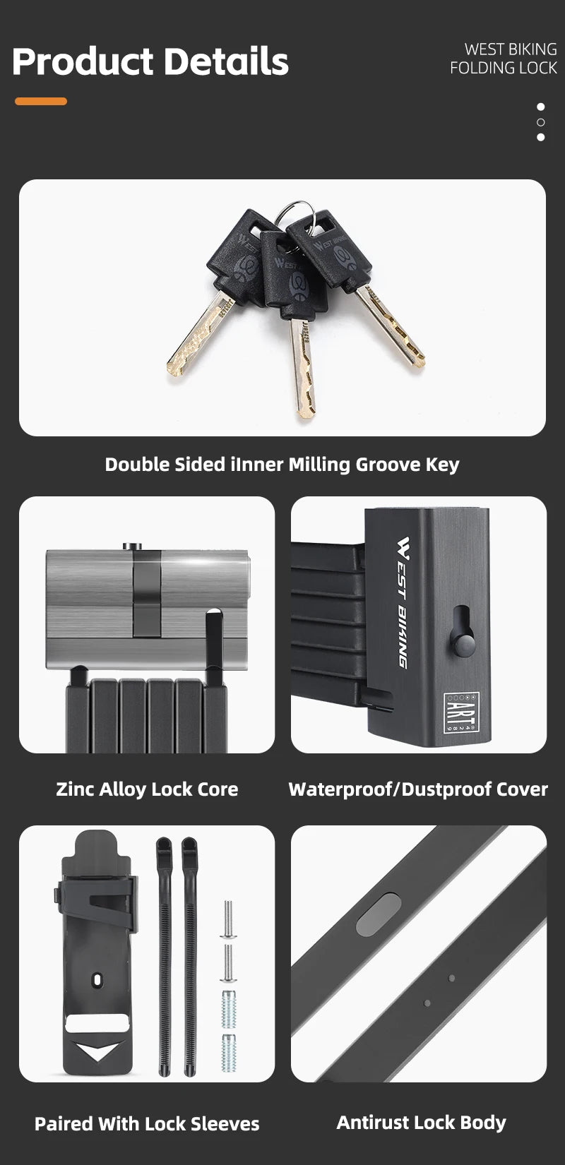 WEST BIKING Foldable Bike Lock Portable Anti-Theft Security Folding Padlock for MTB Road Bike E-bike Scooter Bicycle Accessories