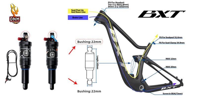 DNM AO38RC Soft Tail Mountain Bike Rear Air Shock Absorber Wire-controlled Lockable Rebound 165 190/200mm Bcycle Shock Absorber
