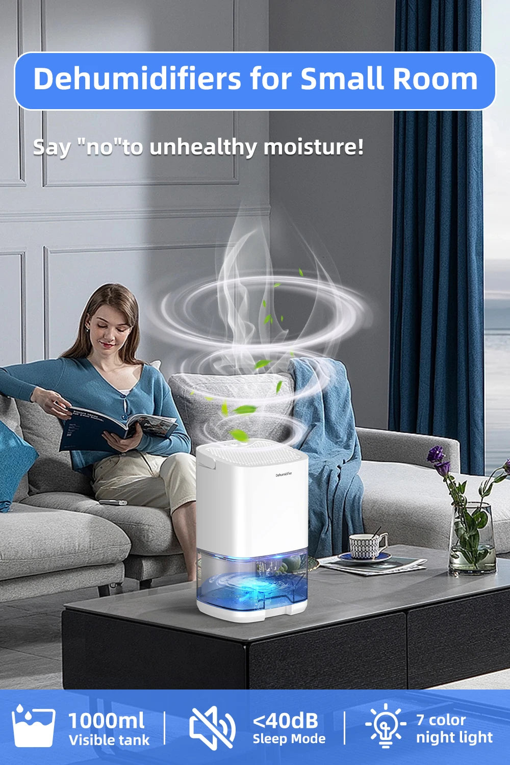 1000ml Portable Dehumidifier – Energy Efficient Moisture Absorber for Home Office & RV