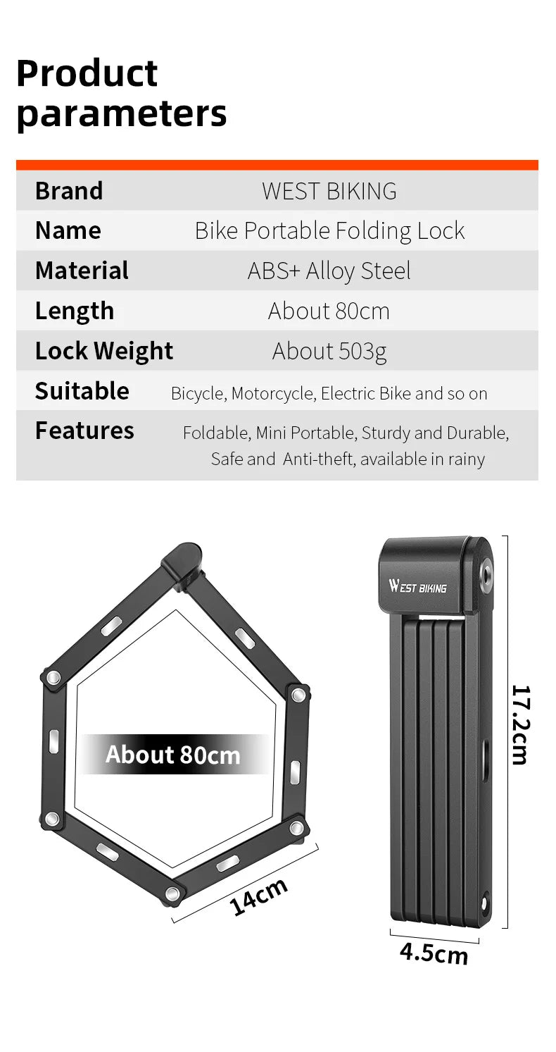 WEST BIKING Foldable Bike Lock Key Strong Security Anti-theft Bicycle Password Lock Heavy Chain Cable Padlock Motorcycle Lock