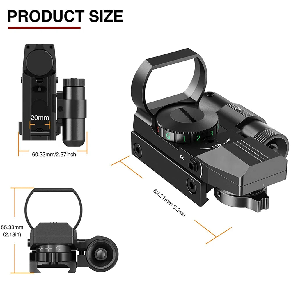 Tactical Red & Green Dot Reflex Sight – 4 Reticle Hunting Optics for 20mm Rail