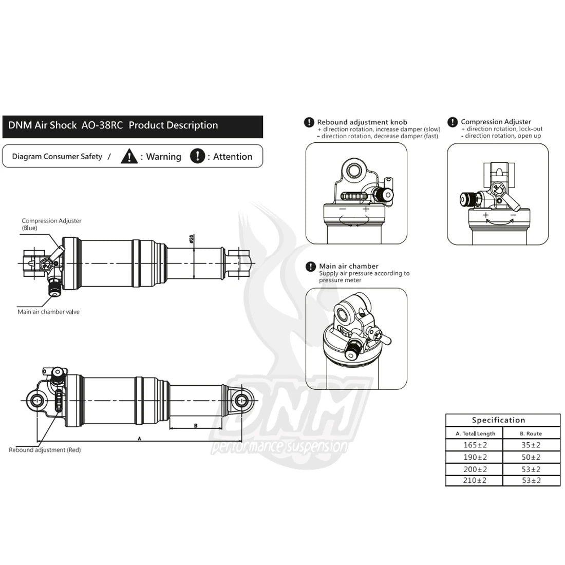 DNM AO38RC Soft Tail Mountain Bike Rear Air Shock Absorber Wire-controlled Lockable Rebound 165 190/200mm Bcycle Shock Absorber