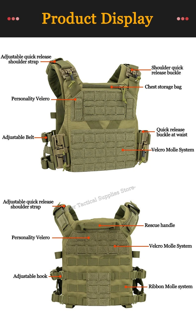 Full-Size Hunting Vest Tactical Plate Carrier MOLLE Airsoft Gear Outdoor Quick Release Fast Adjust Cummerbund Chest Rig
