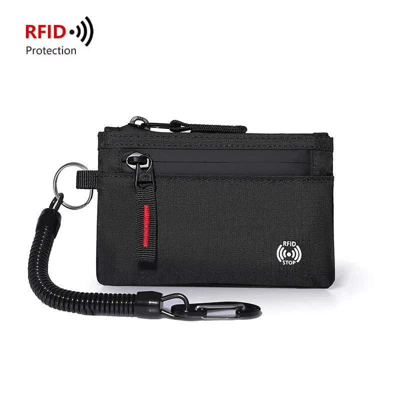 RFID Blocking Slim Nylon Wallet with Carabiner – Men's Tactical Coin Purse & Card Holder