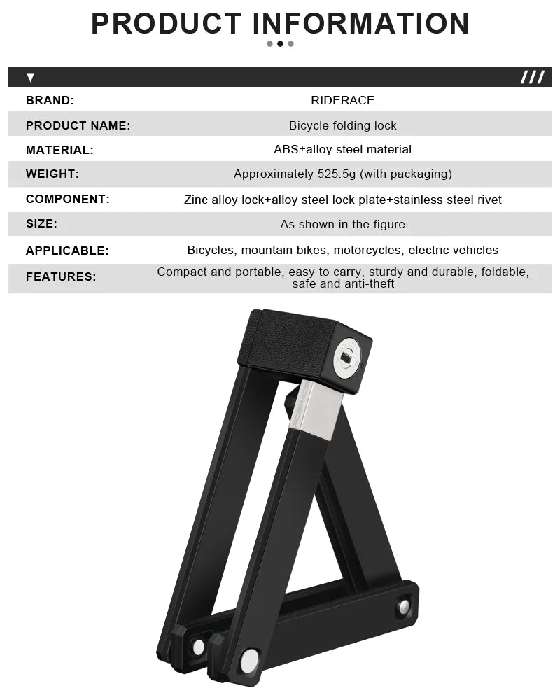 RIDERACE Foldable Anti-Theft Bicycle Lock – Portable Security Lock for MTB, E-Bike & Scooter