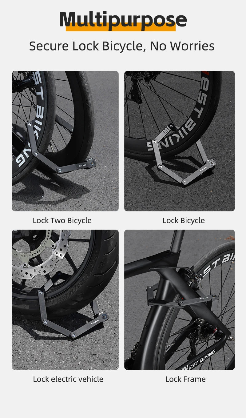 WEST BIKING Foldable Bike Lock Key Strong Security Anti-theft Bicycle Password Lock Heavy Chain Cable Padlock Motorcycle Lock