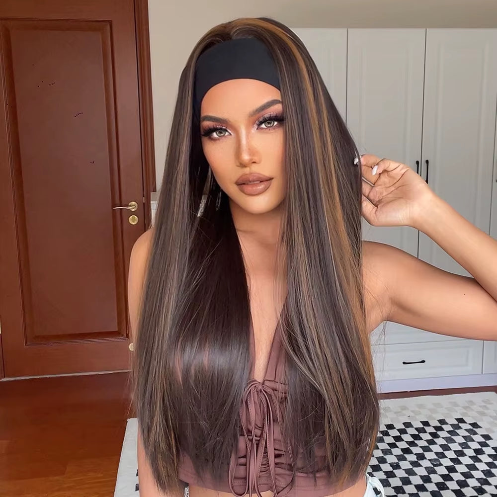 Chocolate Brown Mixed Golden Blonde Long Straight Synthetic Women'S Headband Wigs Bohemian Hair for Black Women Fake Hair
